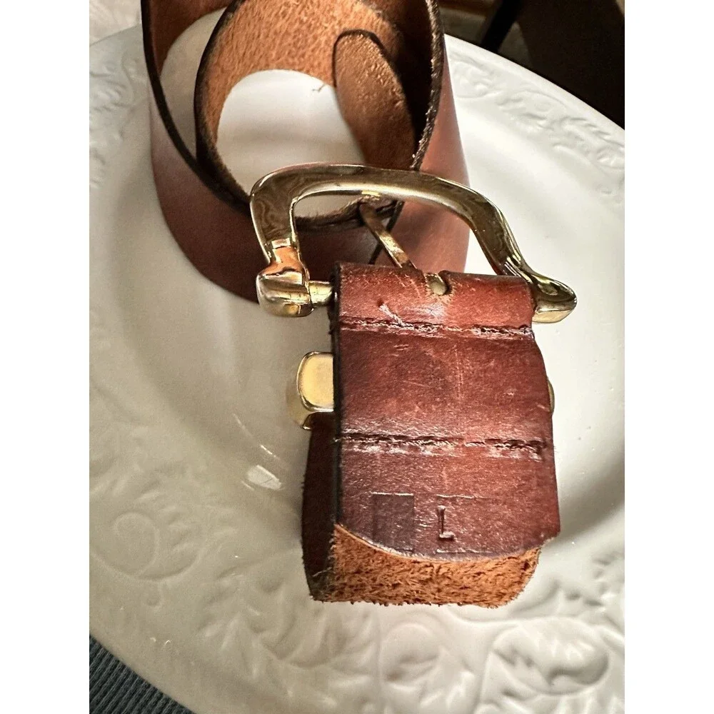Vintage Full Grain Leather Men’s Belt Solid Brass Buckle Sz L Made In Argentina